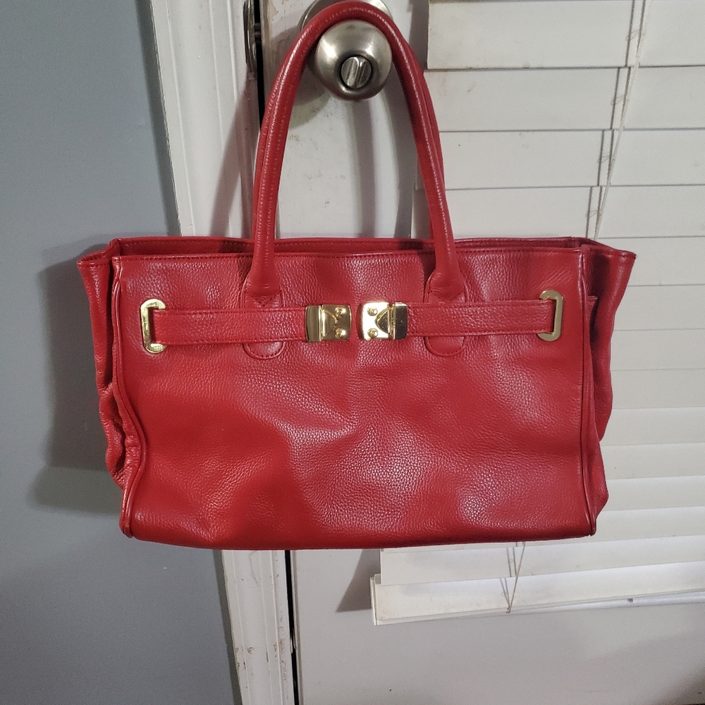 Onna Ehrlich Women's Leather Tote Shoulder Bag Satchel Double Handle Red‎
